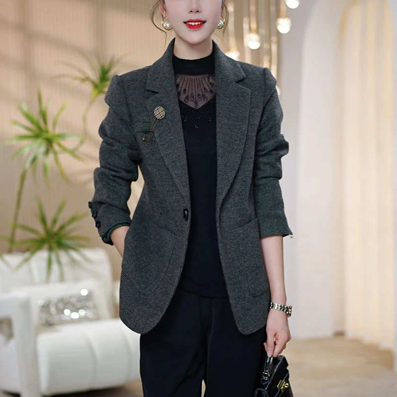 【莫瑞定制】高级感格子西装外套女2025年秋装百搭大码干练西服上衣