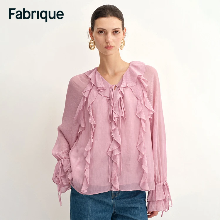 Fabrique Olivia 早秋新品垂樱粉桑蚕丝薄纱宫廷风荷叶边法式衬衫