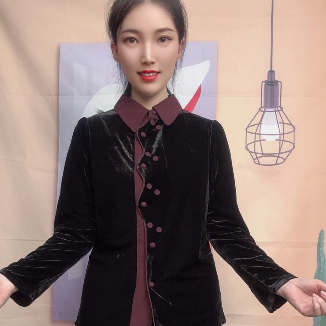 中老年秋冬翻领丝绒短款洋气显瘦直襟开衫妈妈装上衣