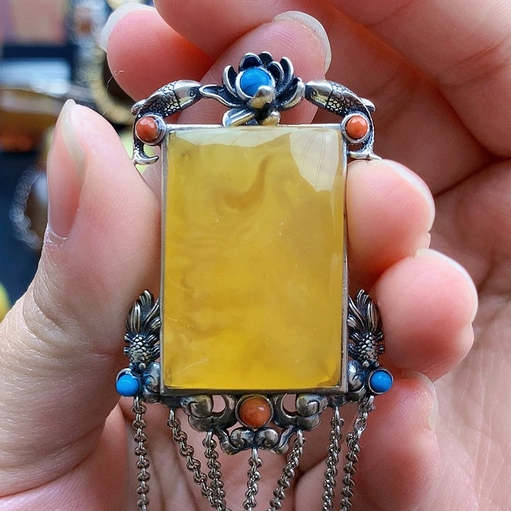 琥珀裸石银S925镶嵌坠