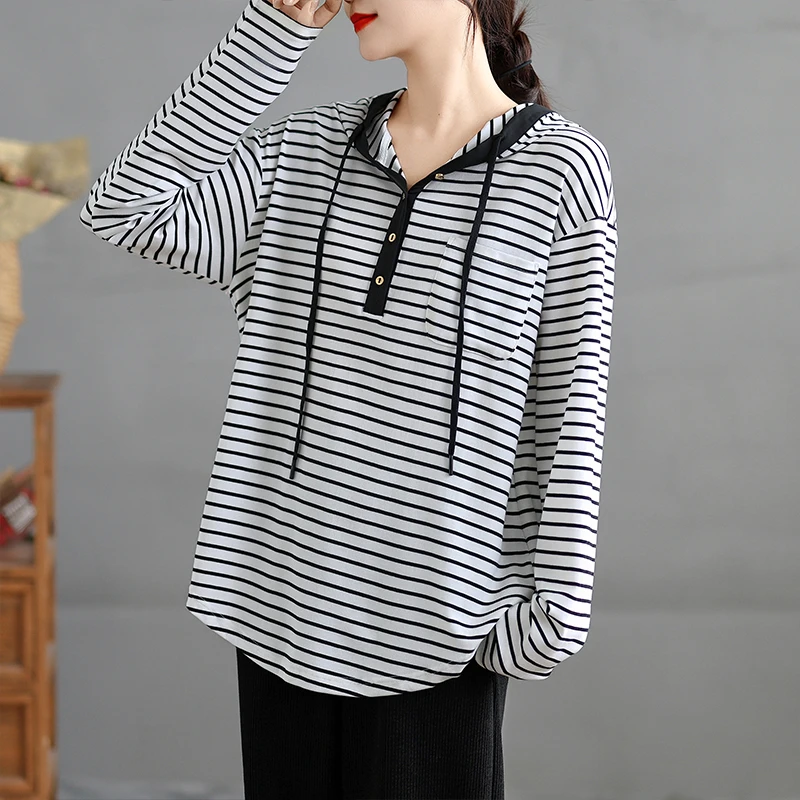 慵懒风黑白条纹连帽长袖t恤女式2025秋季新款宽松显瘦打底衫上衣