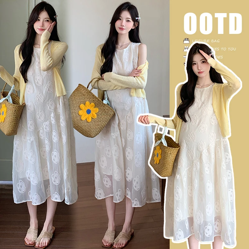 2025新款孕妇夏装套装时尚洋气时髦连衣裙薄孕期高级感蕾丝两件套