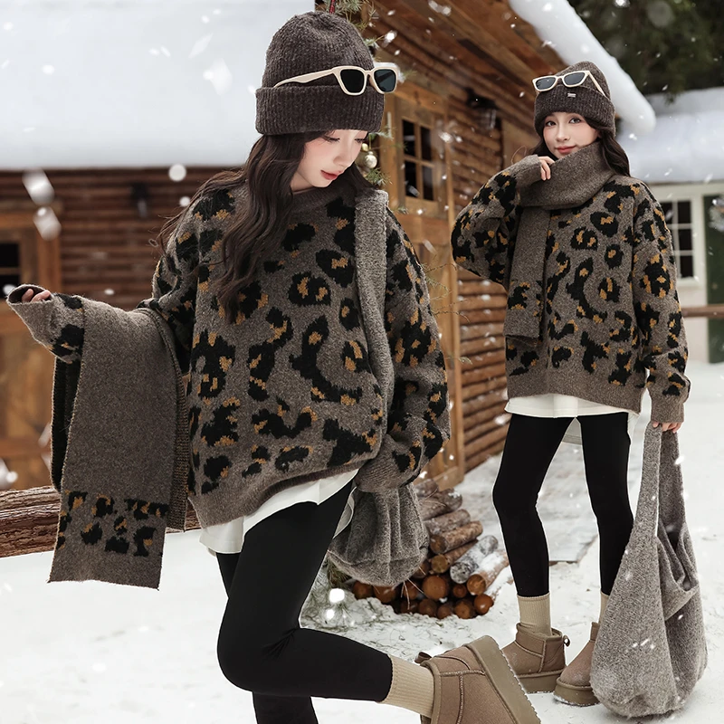 女童圆领毛衣秋冬新款儿童加厚豹纹打底衫女孩时髦网红百搭针织衫