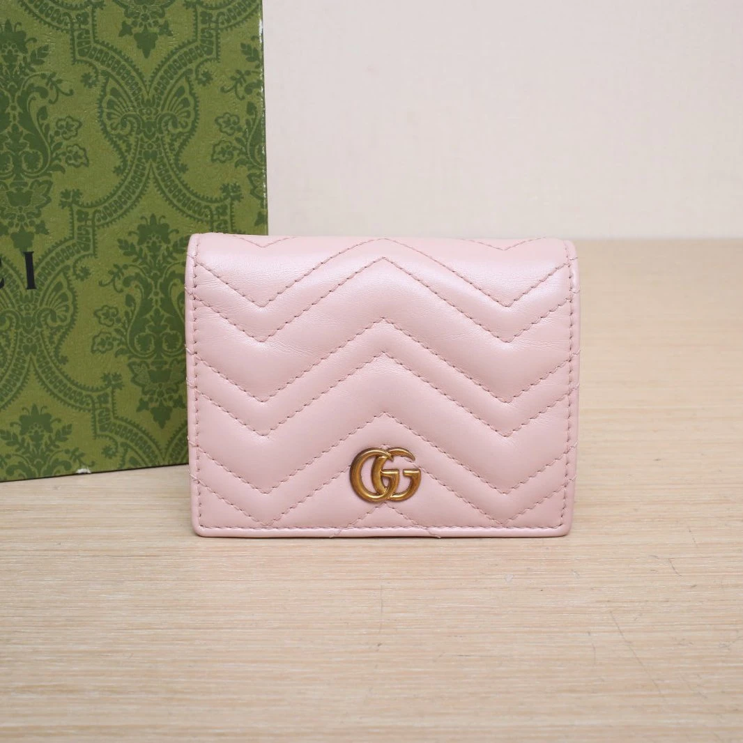 95新 GUCCI/古驰 花花GG Marmont 短款 双折钱包 卡包 粉红色