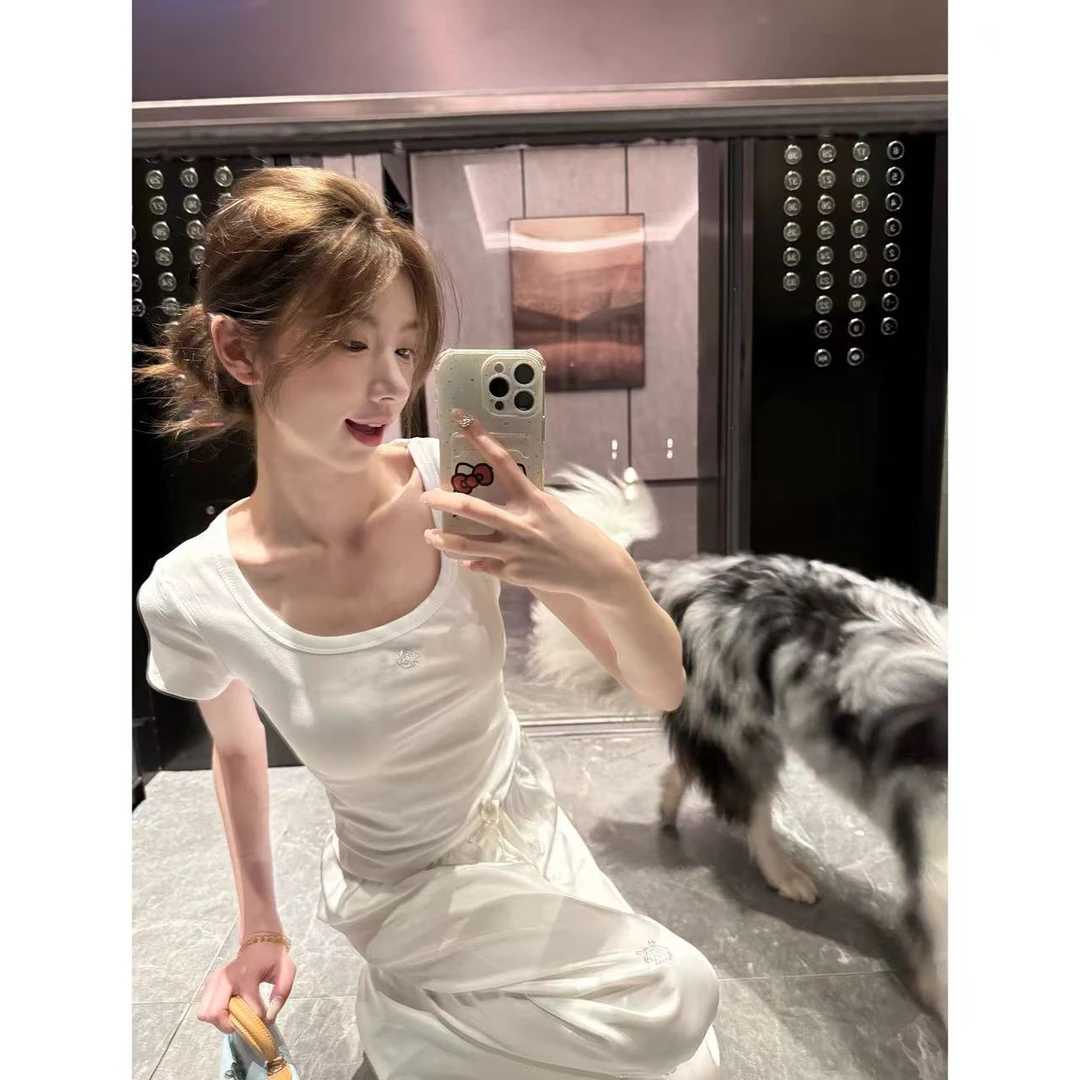 【Cikky定制】纯欲微透短袖t恤女夏2025新款茶艺白色掐腰长裤