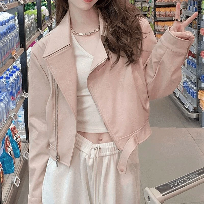 粉色短款机车皮衣外套女春秋2025新款小个子休闲时尚pu皮夹克上衣