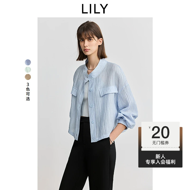 LILY2025春新款莱赛尔混纺竖条纹宽松休闲通勤外套女125159C3903