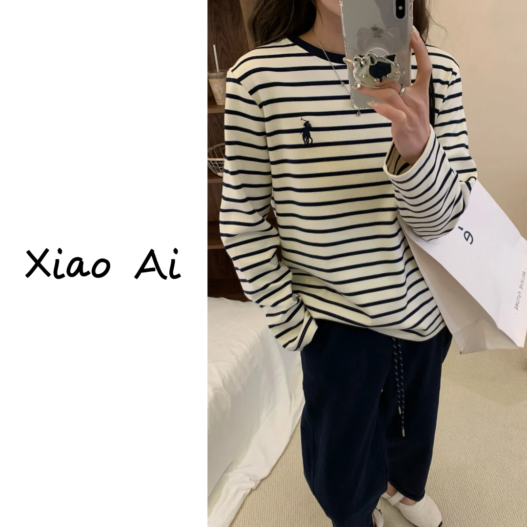小艾~小刺绣经典百搭撞色条纹打底T恤衫时尚休闲舒适透气上衣女