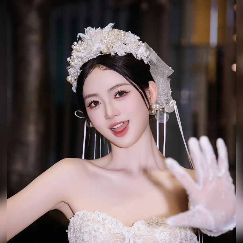 非金属布艺婚庆饰品 超仙新娘结婚法式气质感皇冠蝴蝶结发饰G0245