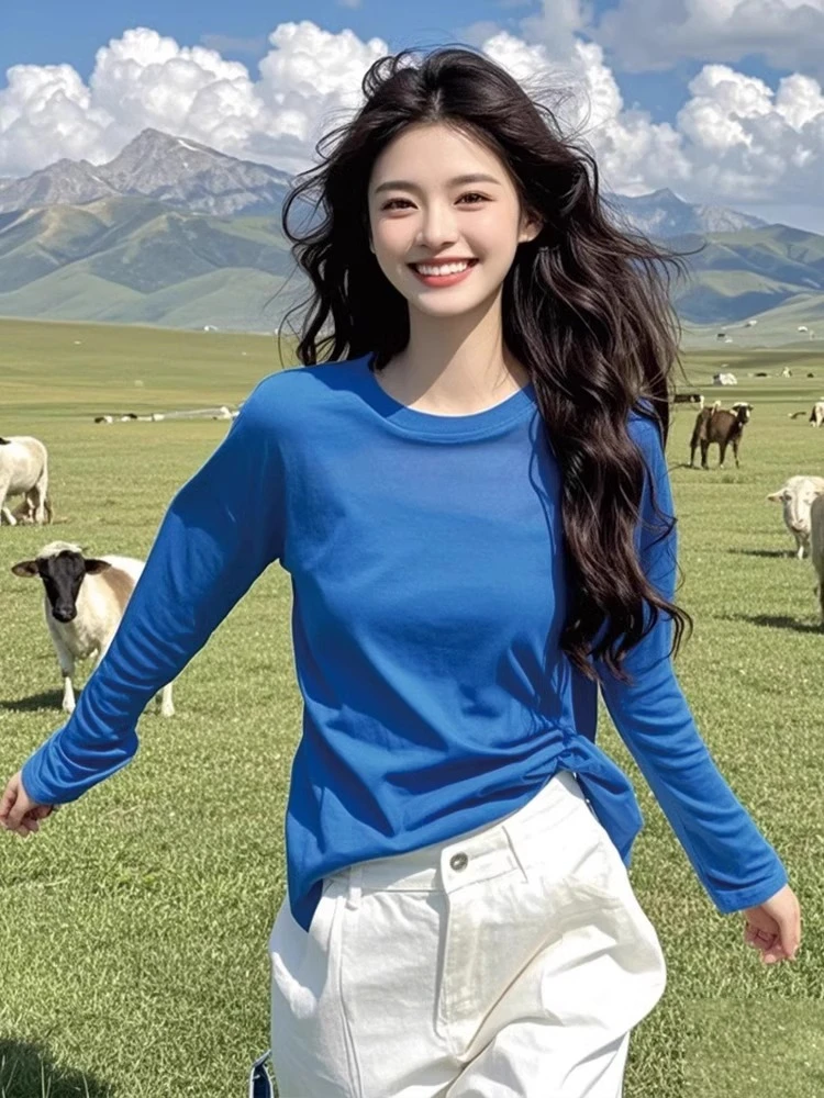 早春独特别致辣妹克莱因蓝长袖打底衫女内搭设计感超好看圆领上衣