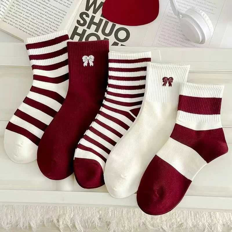 【Muusu】新款安哥拉红袜子女中筒袜酒红色秋冬款百搭长筒袜春秋季