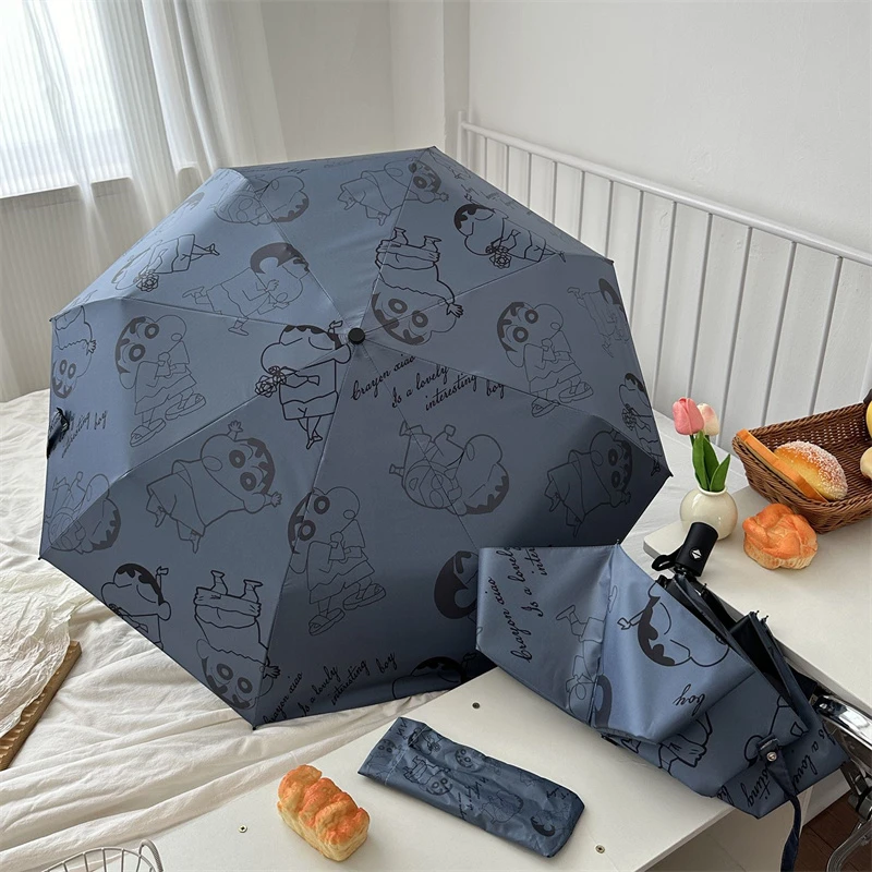 黑色蜡笔小新雨伞三折八骨折叠自动伞防晒防紫外线黑胶遮阳伞卡通