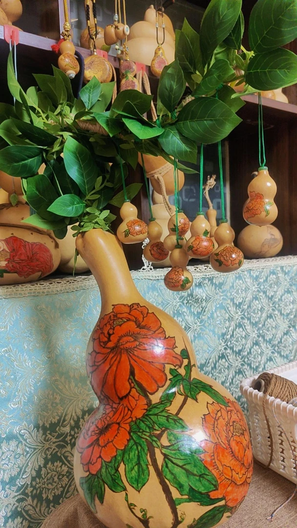 天然莲花头葫芦烙画手工编织摆件文玩收藏特色手工艺葫芦福禄文玩