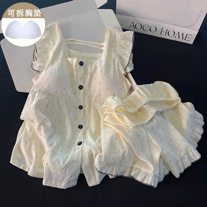 简约睡衣女生新款夏季带胸垫小飞袖黑色花朵吊带短裤公主风家居服