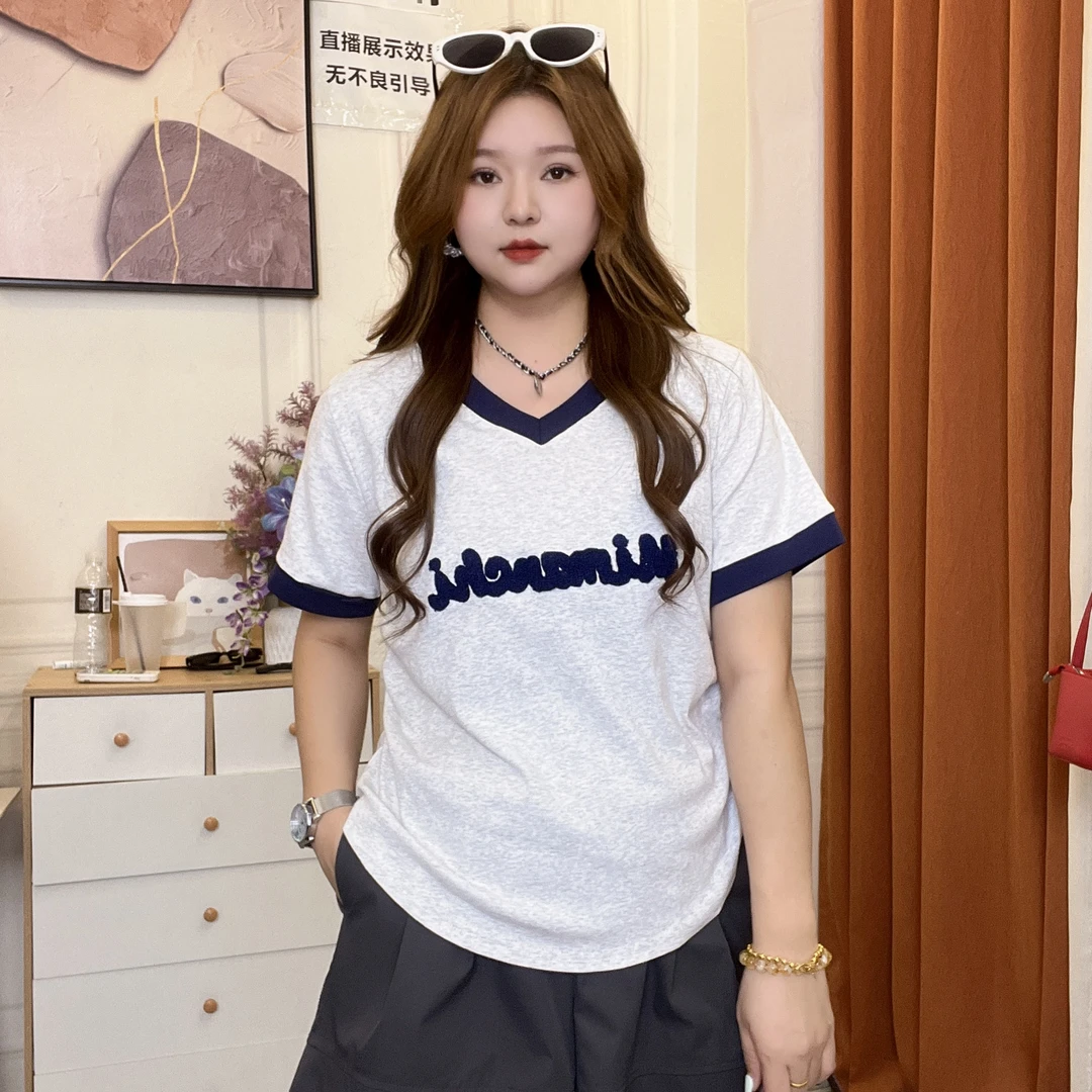 93%棉大码胖mm毛巾绣字母短袖女撞色V领百搭T恤拼色短袖T恤上衣