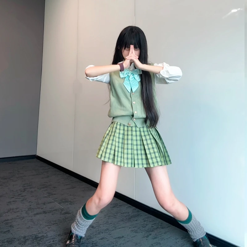 北璃酱原创正版jk格裙小青梅绿色显白校供感女学院风百褶短裙制服