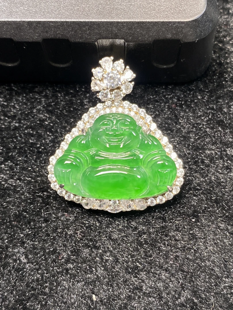 天然翡翠A货S925银镶，精美时尚高冰种正阳绿定制盖中盖佛公吊坠