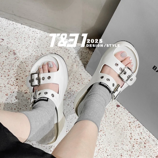 T31女鞋2025夏季新款真皮松糕厚底一字拖露趾女鞋皮带扣一字拖鞋