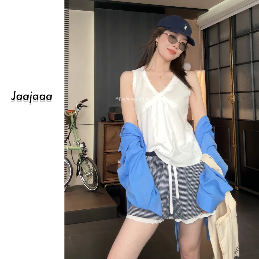 Jaajaaa氧气风铃  百搭V领无袖内搭拼接蕾丝花边吊带背心/HXIE