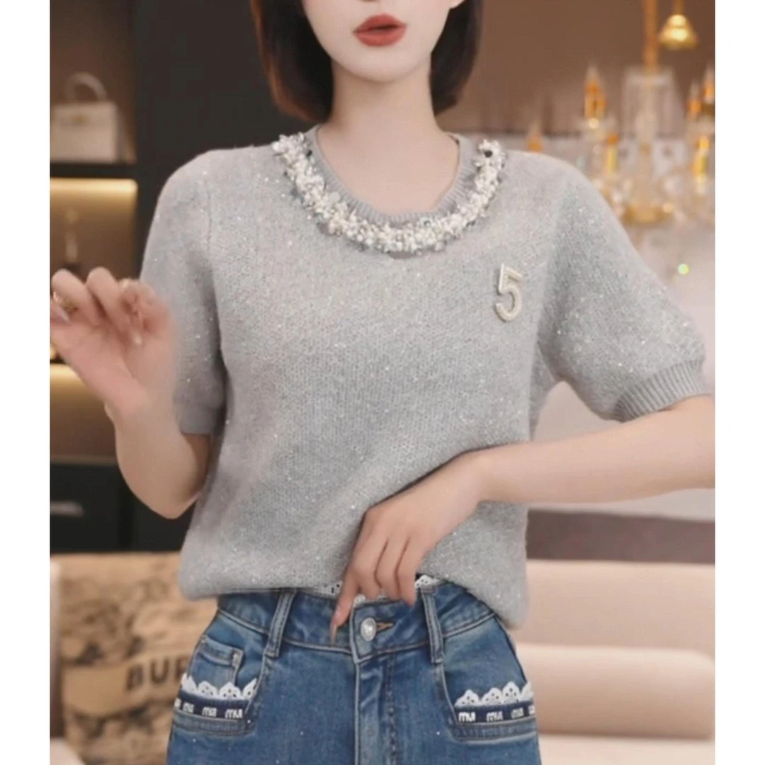 2025夏季新款高级感小香风珍珠圆领短袖短款针织衫修身显瘦上衣女