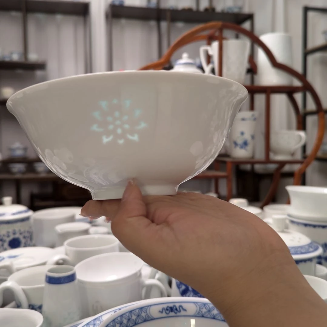 瓷纯白莲花6寸面碗两只装