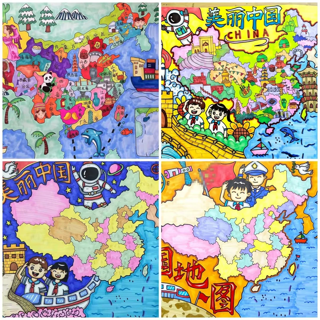 世界海报地图手绘美丽中国地图儿童画美丽中国手绘地图代画海报