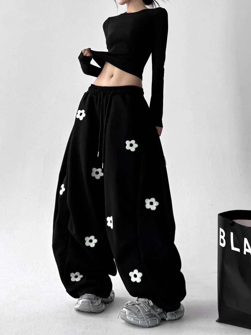 美式高街复古辣妹花朵休闲裤女2025新款韩系chic跳舞阔腿弯刀卫裤