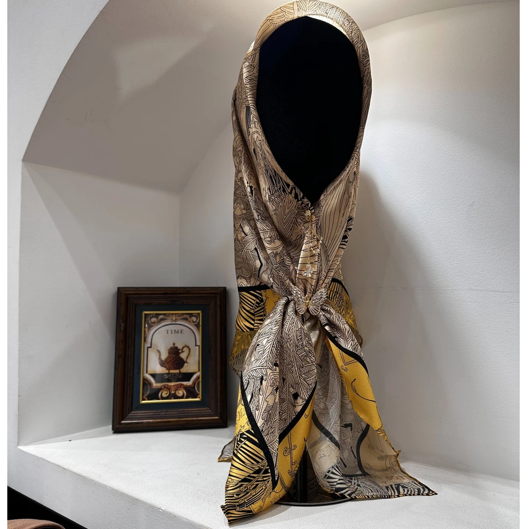 印染薄款圆点百分百桑蚕丝纱巾优雅洋气流苏金色大方百搭