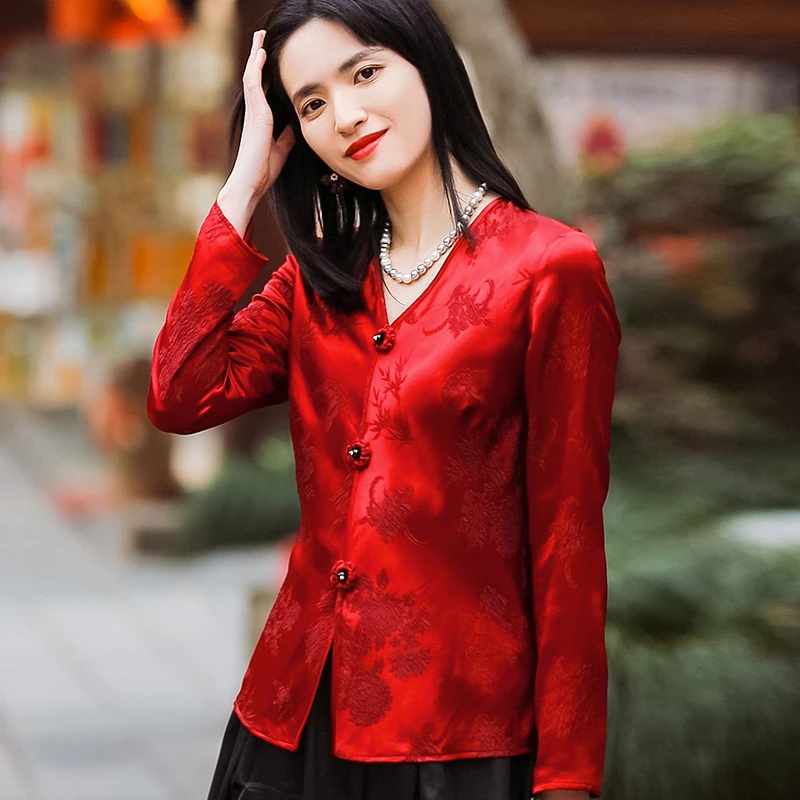 复古日记“红妆”新年新衣！桑蚕丝冠乐绉V领轻国风红色小衫251C6568