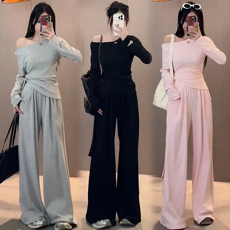 【正肩斜肩两穿】春款慵懒气质阔腿裤上衣时尚套装显瘦