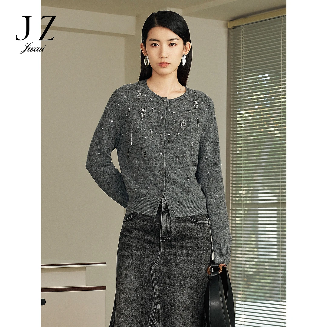 JZ玖姿JWFC30632商场同款格雷系钉珠100%羊毛针织衫女2025春季款