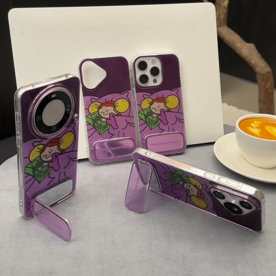 欧克里里抱钱睡觉女孩支架适用苹果16漩涡手机壳华为vivo小米oppo