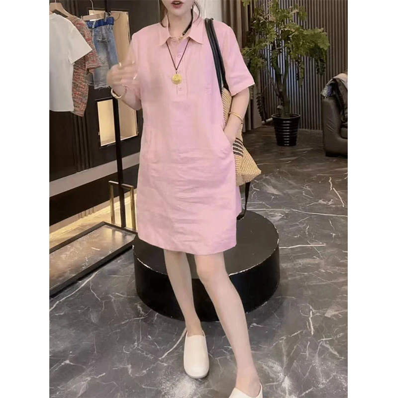 夏季新款薄款透气洋气百搭翻领麻裙宽松显瘦遮肉时尚减龄连衣裙