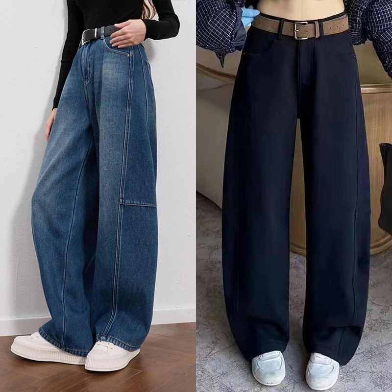 复古休闲弯刀裤长裤女秋冬季新款牛仔裤女宽松显瘦阔腿裤加绒女裤