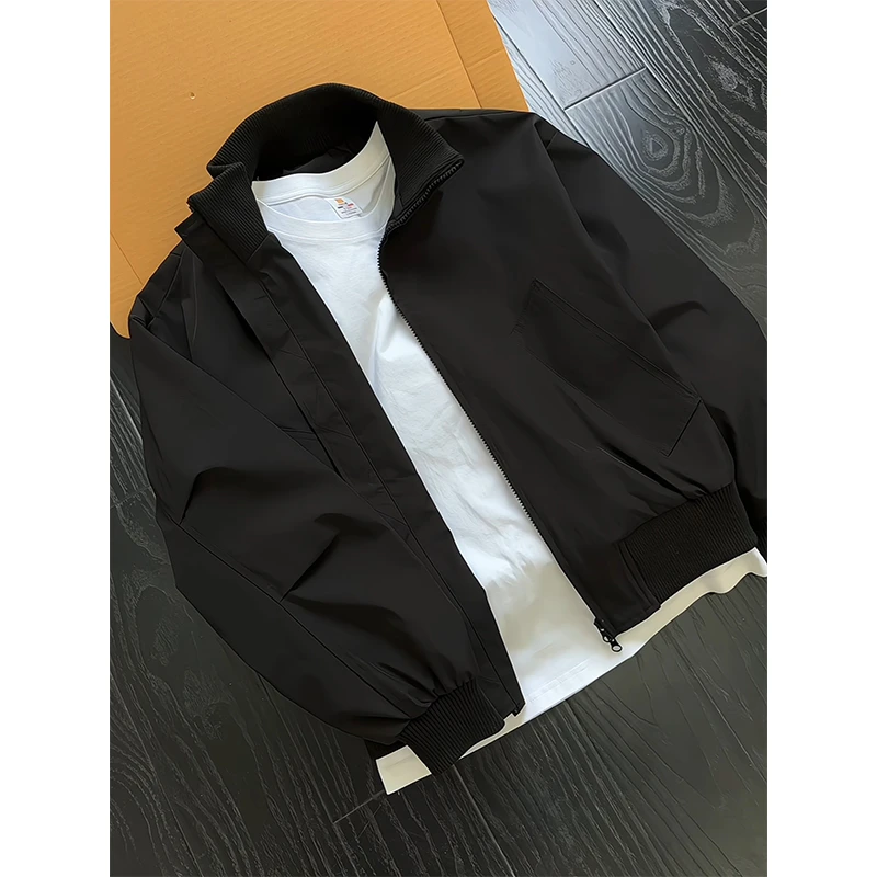 黑色美式bomber飞行员夹克男秋季廓形短款棒球服复古高街立领外套
