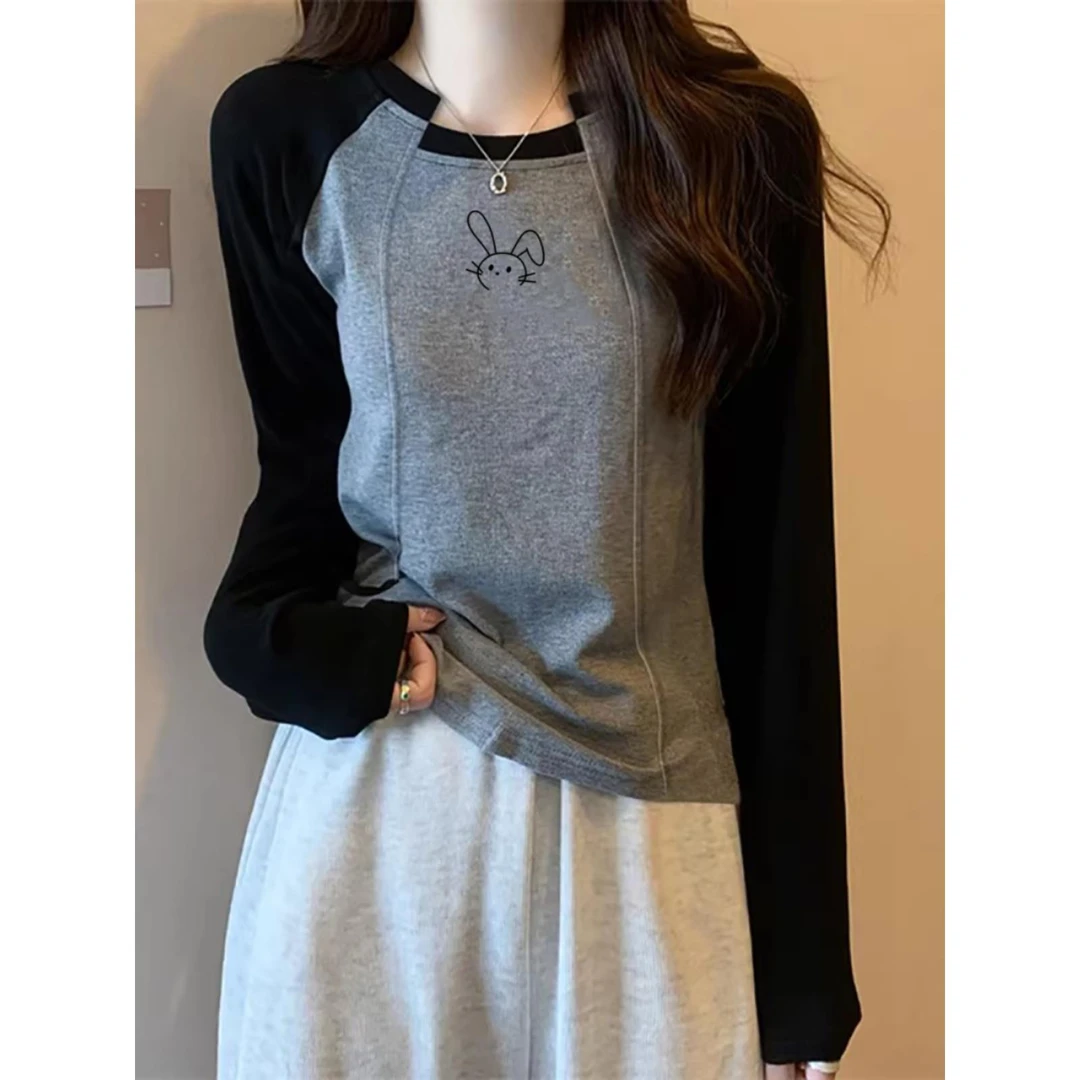 春秋拼接t恤显瘦长袖短款百搭打底小众假两件设计感显瘦长袖短款