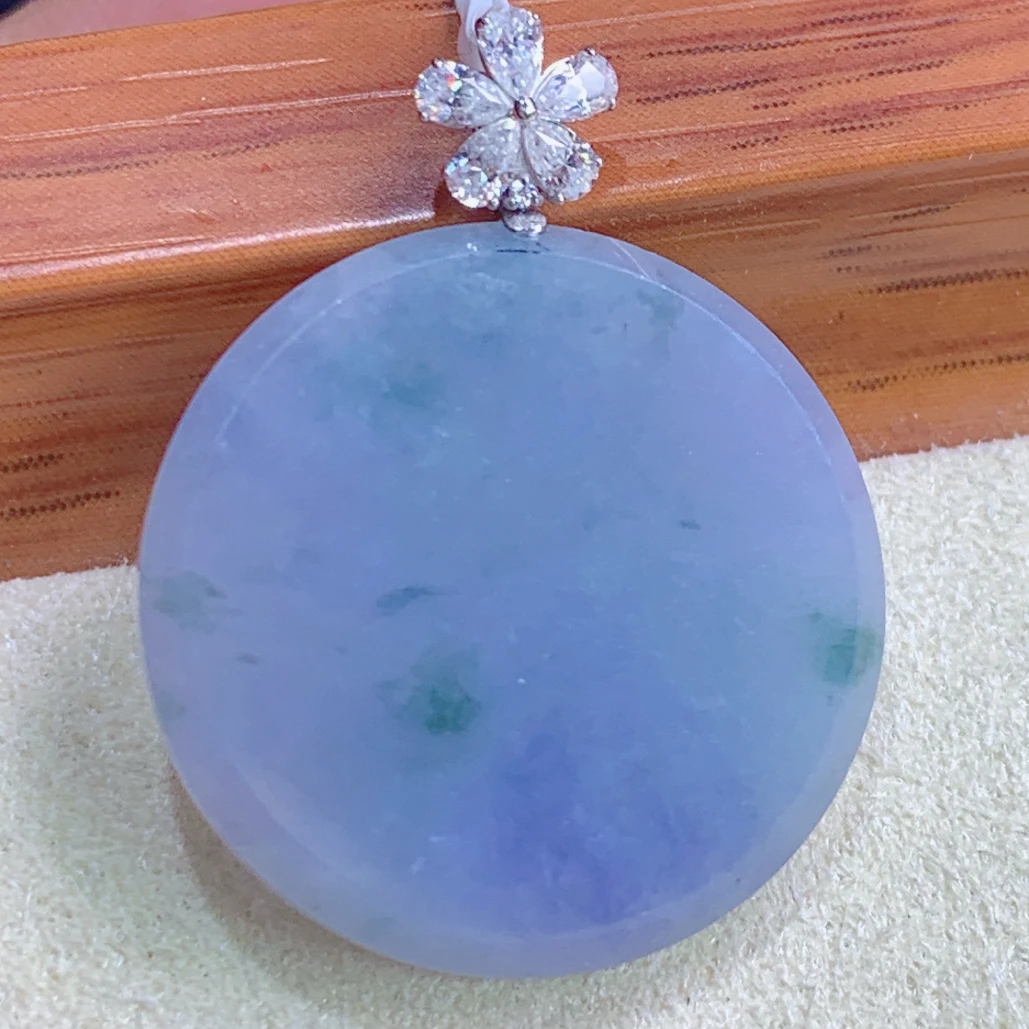 天然缅甸A货翡翠18k金紫罗兰飘蓝花无事牌吊坠j整27.5石21.5/3mm