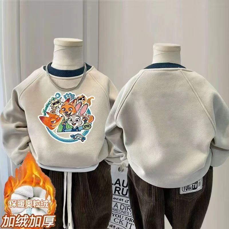 疯狂动物中大童加绒卫衣男女童新款上衣秋冬宝宝洋气卡通加厚圆领