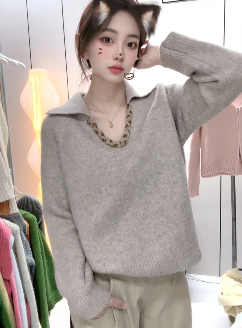 灰色亮片v领翻领毛衣深秋初冬穿搭慵懒高级感超好看宽松针织衫女