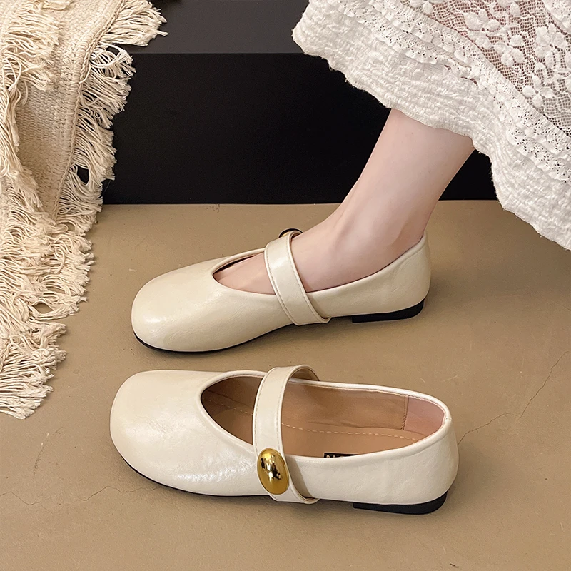 2025春季新款复古一字带平底玛丽珍鞋女法式配裙子浅口软底单鞋女