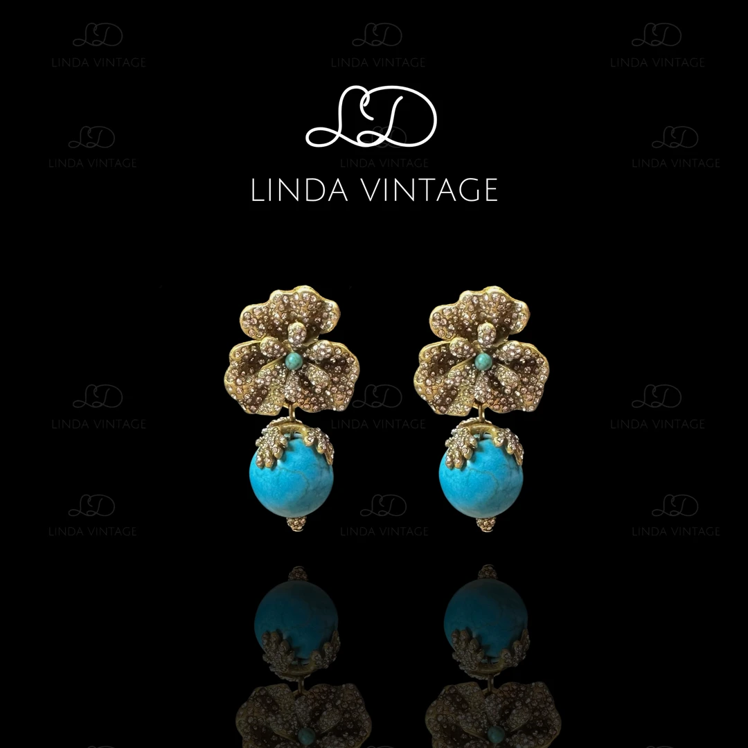 铜合金锆石耳饰 精工系列 复古蓝色满钻花朵耳坠耳针