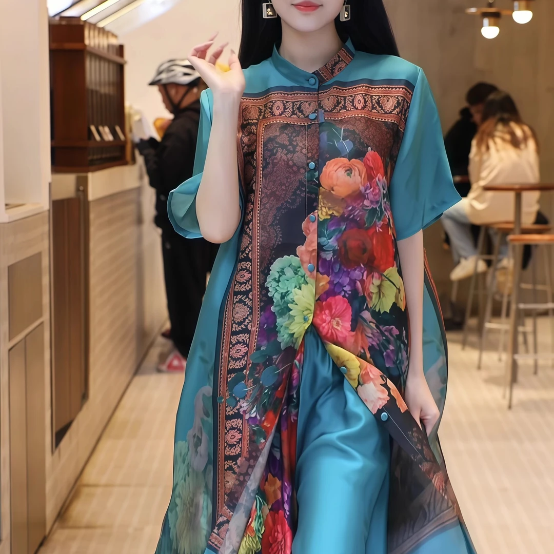 25年夏大码妈妈印花飘逸开衫宽松阔腿裤富太太优雅时尚两件套装女