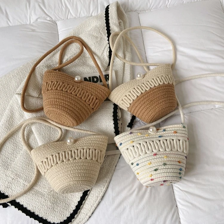 夏季新款斜跨草编包棉线编织包手机零钱钥匙包镂空棉线编织沙滩包