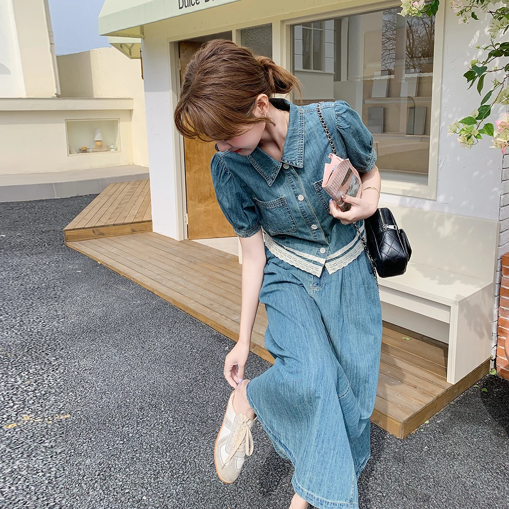 法式设计感牛仔套装女2025夏新款蕾丝拼接泡泡袖短袖半身裙两件套