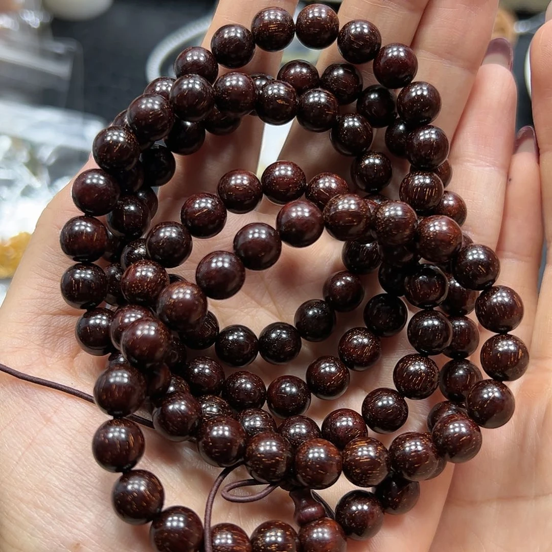 银S925镶嵌手链烟晶小叶紫檀佛珠