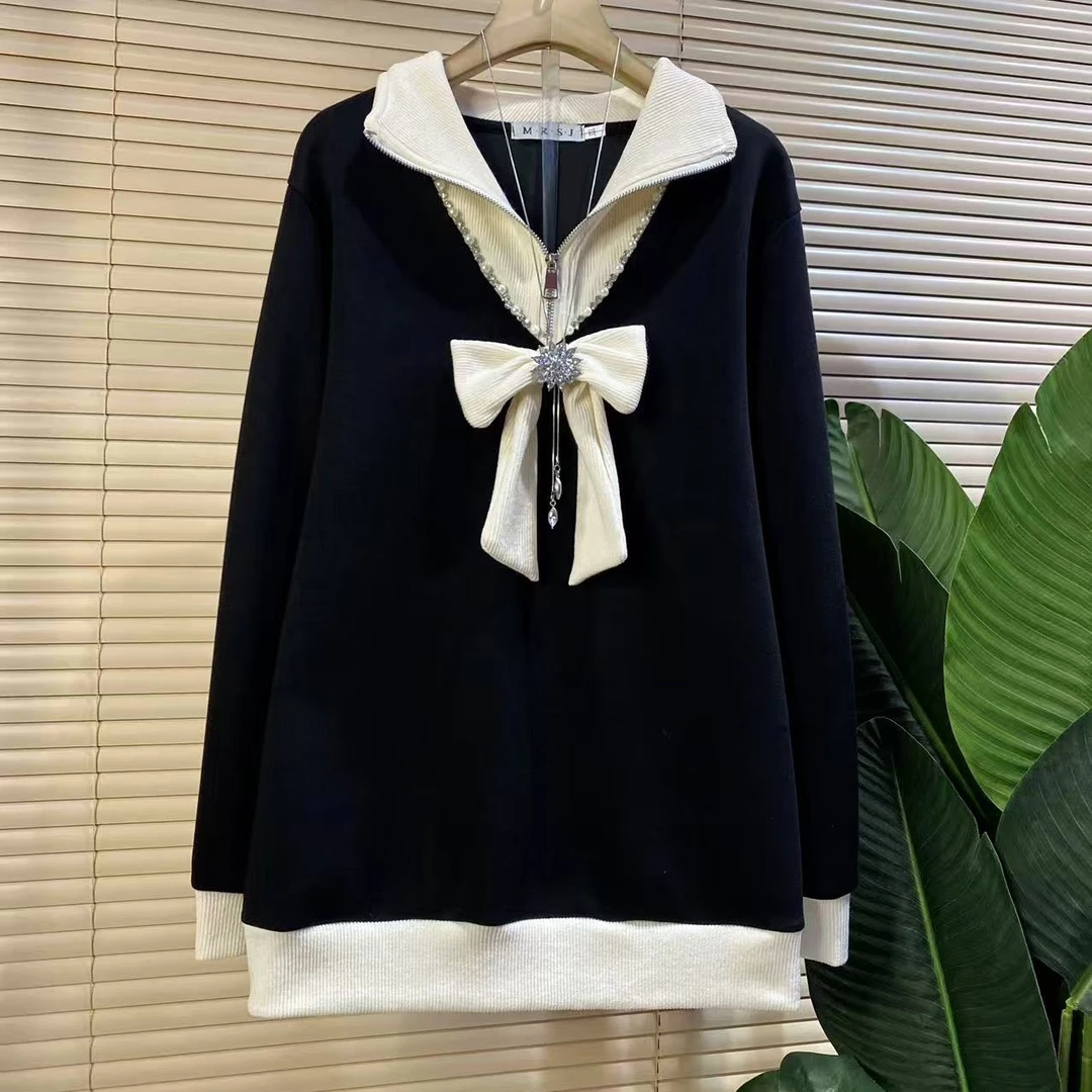 M胖mm欧货时尚新款撞色洋气蝴蝶结设计款减龄大衫