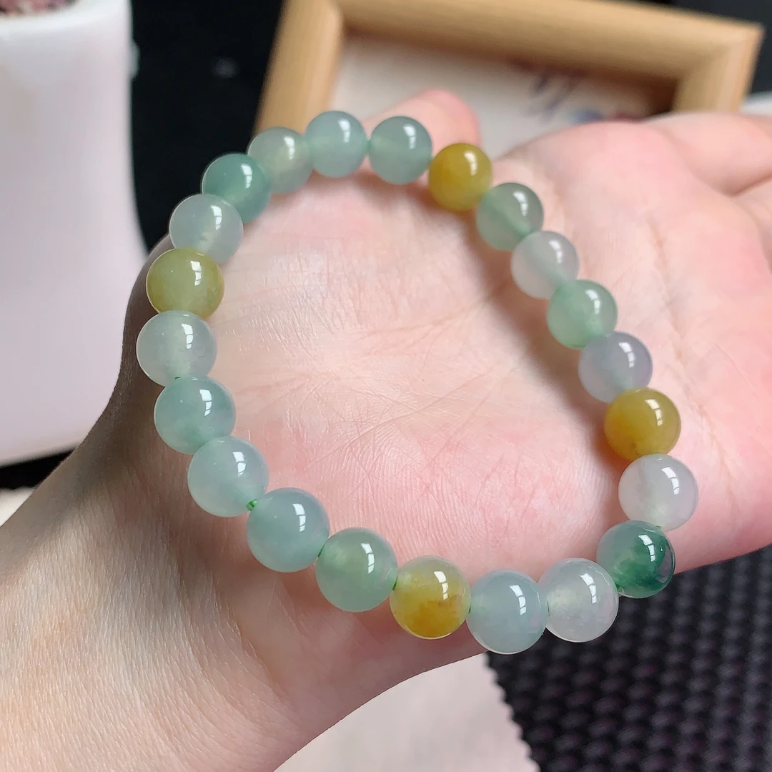 缅甸天然A货翡翠，冰润多宝珠子手链 9mm1210