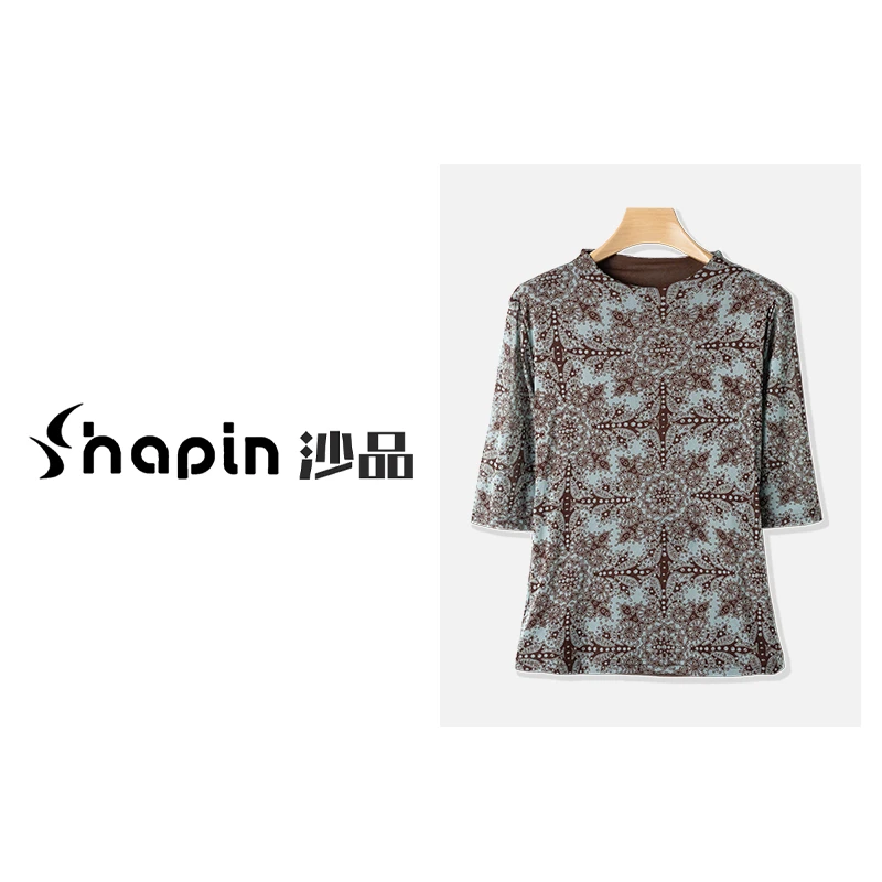 时尚满印碎花网纱弹力修身小衫气质款七分袖打底上衣女MM960