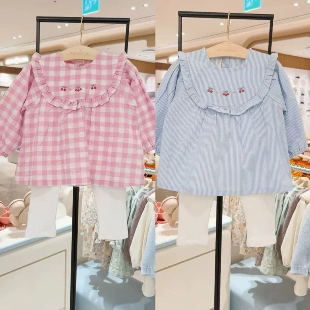 韩单 小星星25春季女童 蓝条纹 粉格 配打底裤套 长袖装两件套