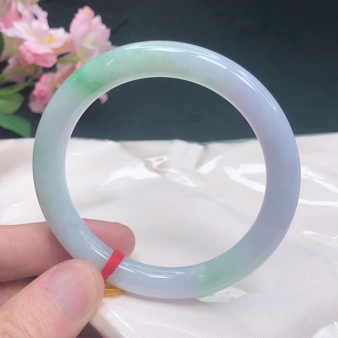509 天然翡翠A货手镯 59圈口冰润紫带绿春彩圆条手镯美人条玉镯子